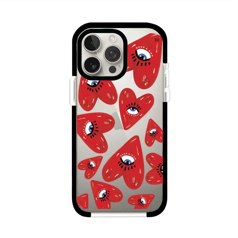 Funda para iPhone con diseño de corazones rojos ilustrados con ojos al centro. Estilo artístico, llamativo y original. Ideal para quienes buscan un accesorio único. Diseño de Remark MX
