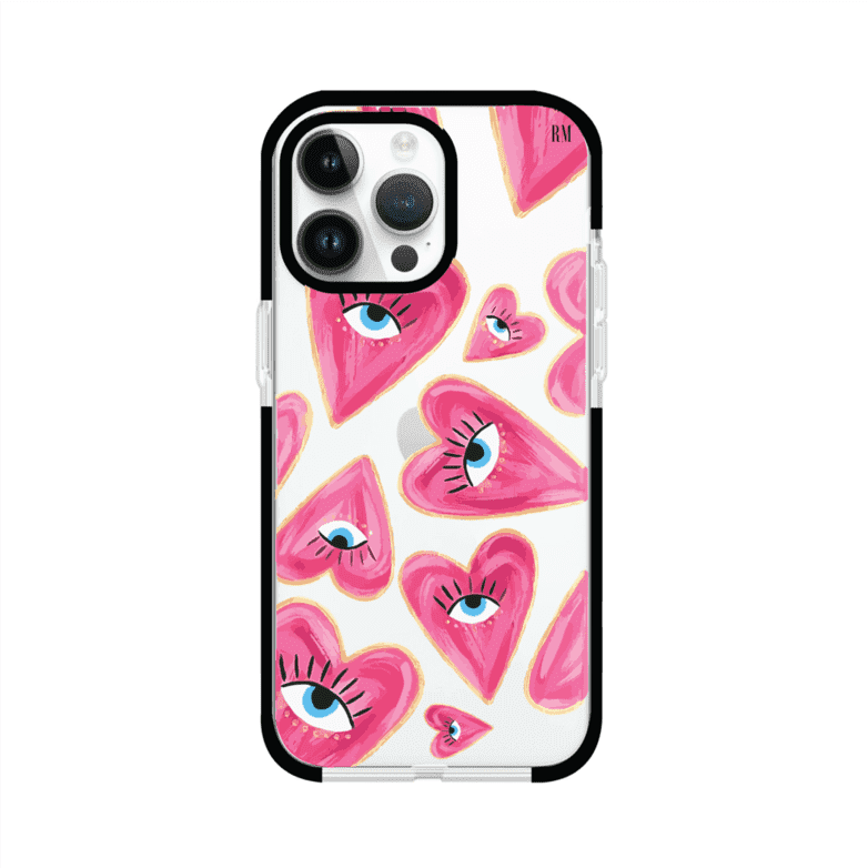 Funda para iPhone con corazones rosas ilustrados y ojos, diseño artístico y romántico. Ideal para expresar amor con estilo. Producto de Remark Mx