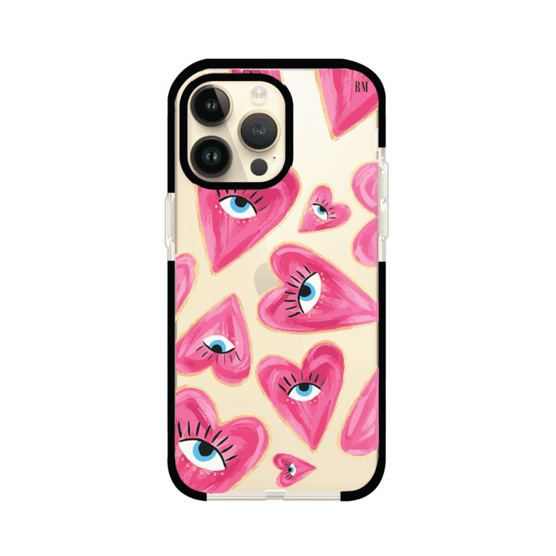 Funda para iPhone con corazones rosas ilustrados y ojos, diseño artístico y romántico. Ideal para expresar amor con estilo. Producto de Remark Mx