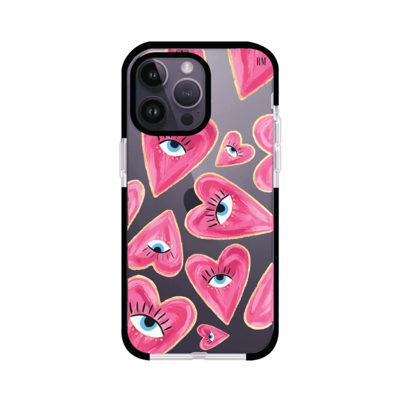 Funda para iPhone con corazones rosas ilustrados y ojos, diseño artístico y romántico. Ideal para expresar amor con estilo. Producto de Remark Mx