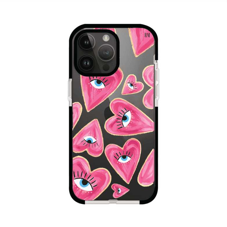Funda para iPhone con corazones rosas ilustrados y ojos, diseño artístico y romántico. Ideal para expresar amor con estilo. Producto de Remark Mx