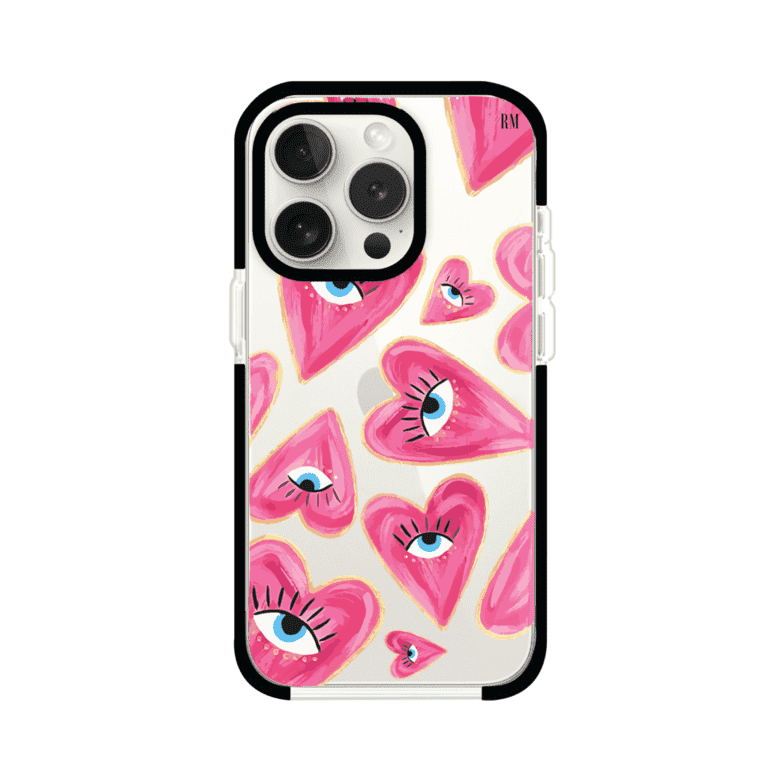 Funda para iPhone con corazones rosas ilustrados y ojos, diseño artístico y romántico. Ideal para expresar amor con estilo. Producto de Remark Mx