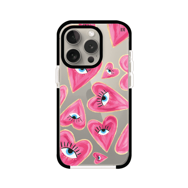 Funda para iPhone con corazones rosas ilustrados y ojos, diseño artístico y romántico. Ideal para expresar amor con estilo. Producto de Remark Mx