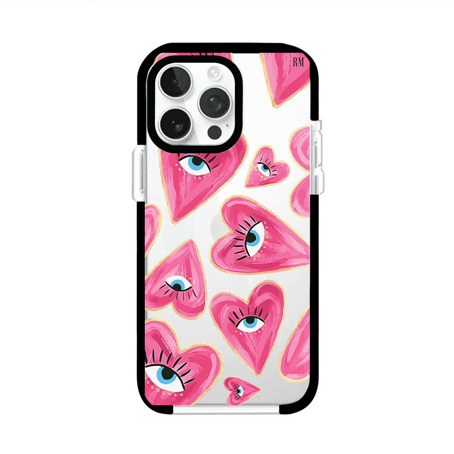 Funda para iPhone con corazones rosas ilustrados y ojos, diseño artístico y romántico. Ideal para expresar amor con estilo. Producto de Remark Mx