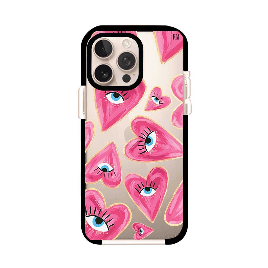 Funda para iPhone con corazones rosas ilustrados y ojos, diseño artístico y romántico. Ideal para expresar amor con estilo. Producto de Remark Mx