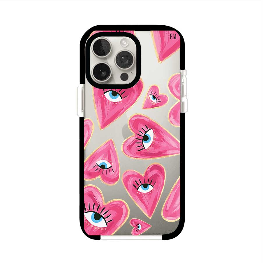 Funda para iPhone con corazones rosas ilustrados y ojos, diseño artístico y romántico. Ideal para expresar amor con estilo. Producto de Remark Mx