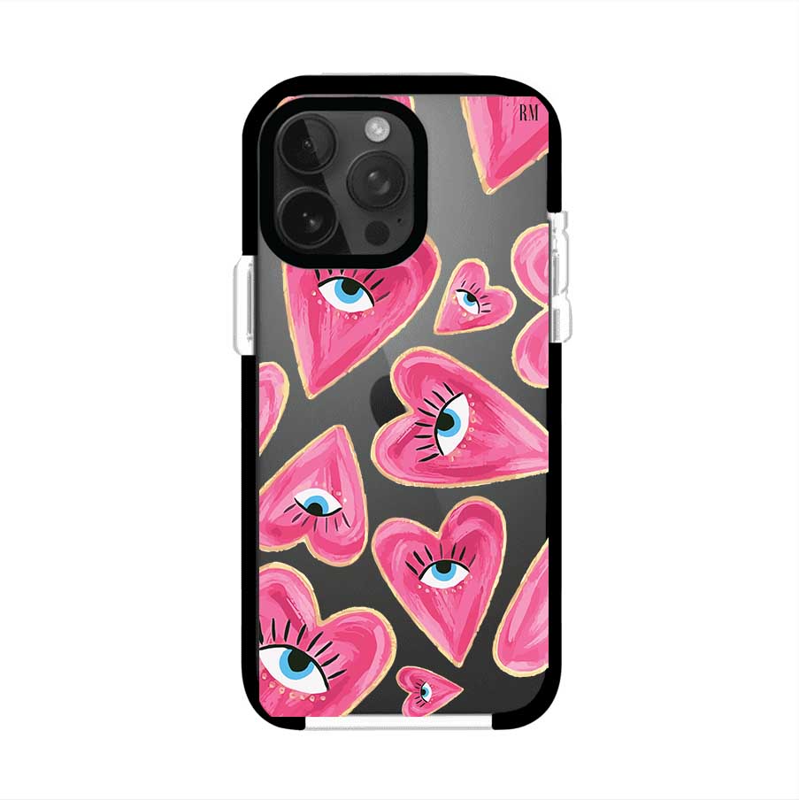 Funda para iPhone con corazones rosas ilustrados y ojos, diseño artístico y romántico. Ideal para expresar amor con estilo. Producto de Remark Mx