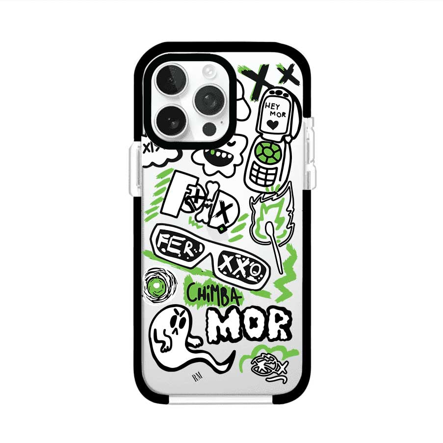 Funda para iPhone con diseño inspirado en FERXXO. Incluye stickers con frases como “CHIMBA MOR”, íconos urbanos y colores verde neón y negro. Estilo reggaetonero y atrevido, ideal para fans de Feid. Producto de Remark Mx
