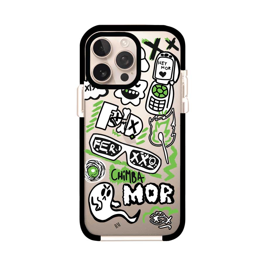 Funda para iPhone con diseño inspirado en FERXXO. Incluye stickers con frases como “CHIMBA MOR”, íconos urbanos y colores verde neón y negro. Estilo reggaetonero y atrevido, ideal para fans de Feid. Producto de Remark Mx