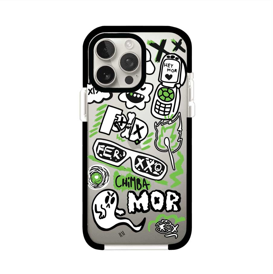 Funda para iPhone con diseño inspirado en FERXXO. Incluye stickers con frases como “CHIMBA MOR”, íconos urbanos y colores verde neón y negro. Estilo reggaetonero y atrevido, ideal para fans de Feid. Producto de Remark Mx