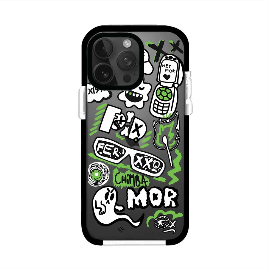 Funda para iPhone con diseño inspirado en FERXXO. Incluye stickers con frases como “CHIMBA MOR”, íconos urbanos y colores verde neón y negro. Estilo reggaetonero y atrevido, ideal para fans de Feid. Producto de Remark Mx
