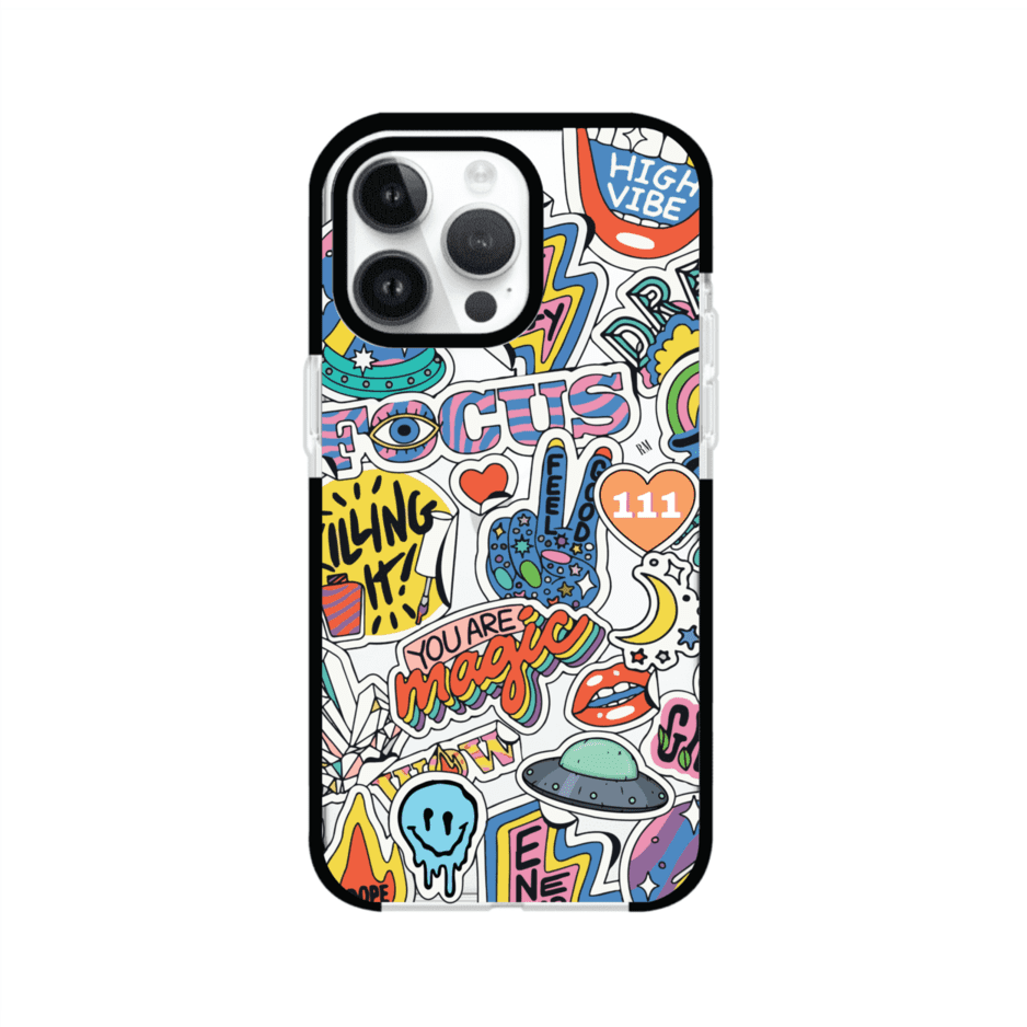 Funda para iPhone con diseño de stickers coloridos con frases motivacionales y energías positivas – Remark Mx