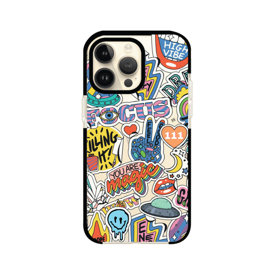 Funda para iPhone con diseño de stickers coloridos con frases motivacionales y energías positivas – Remark Mx