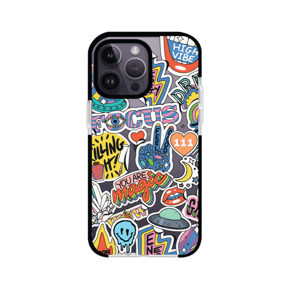 Funda para iPhone con diseño de stickers coloridos con frases motivacionales y energías positivas – Remark Mx