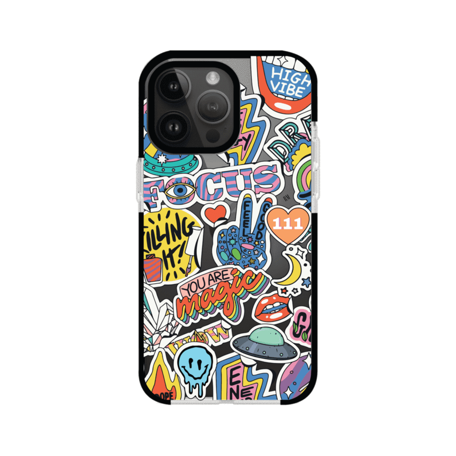 Funda para iPhone con diseño de stickers coloridos con frases motivacionales y energías positivas – Remark Mx