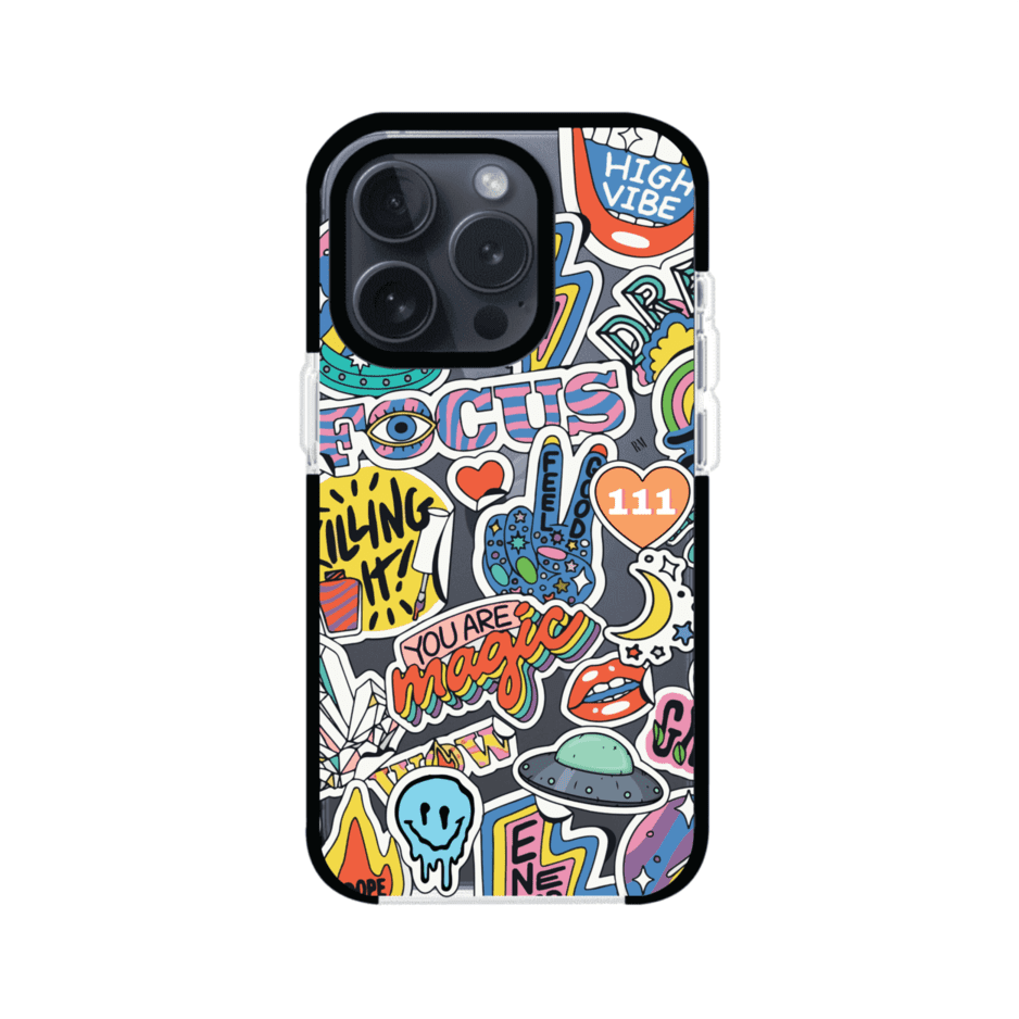 Funda para iPhone con diseño de stickers coloridos con frases motivacionales y energías positivas – Remark Mx