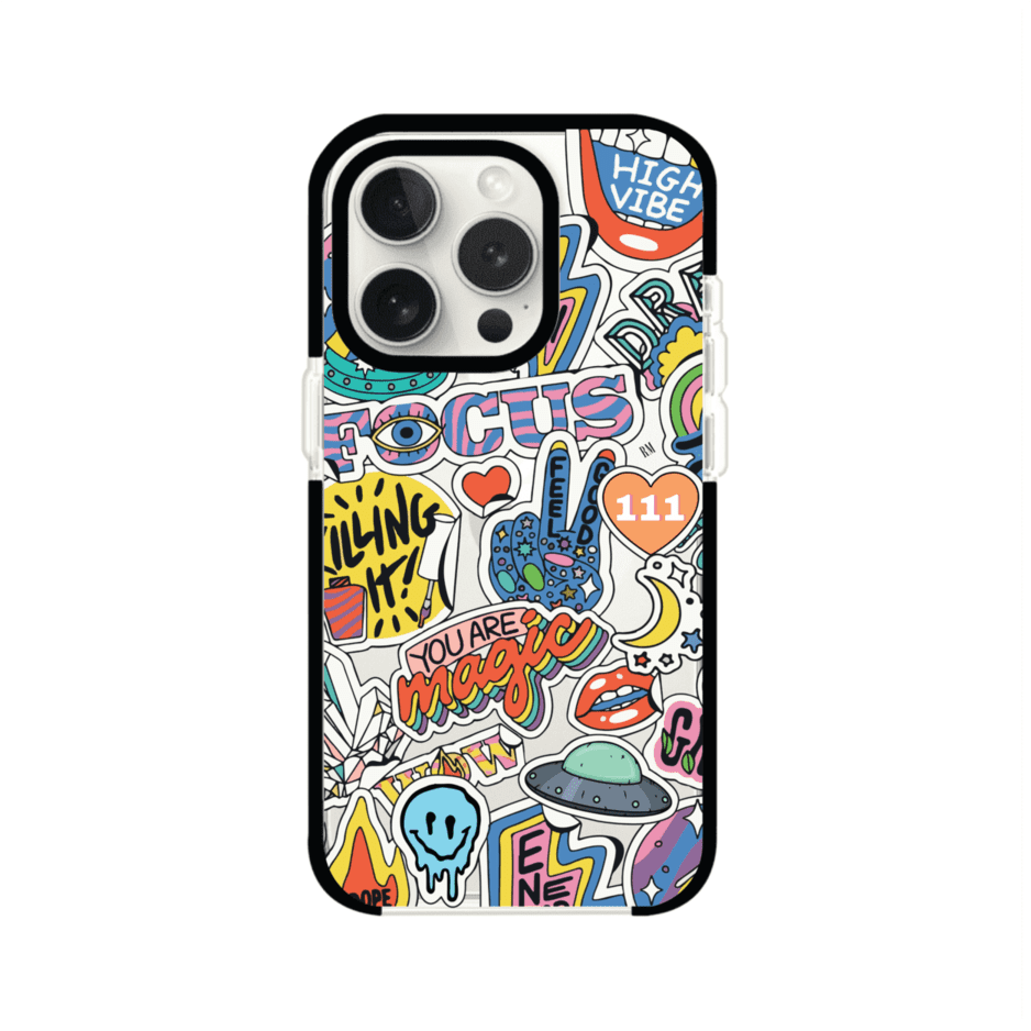 Funda para iPhone con diseño de stickers coloridos con frases motivacionales y energías positivas – Remark Mx