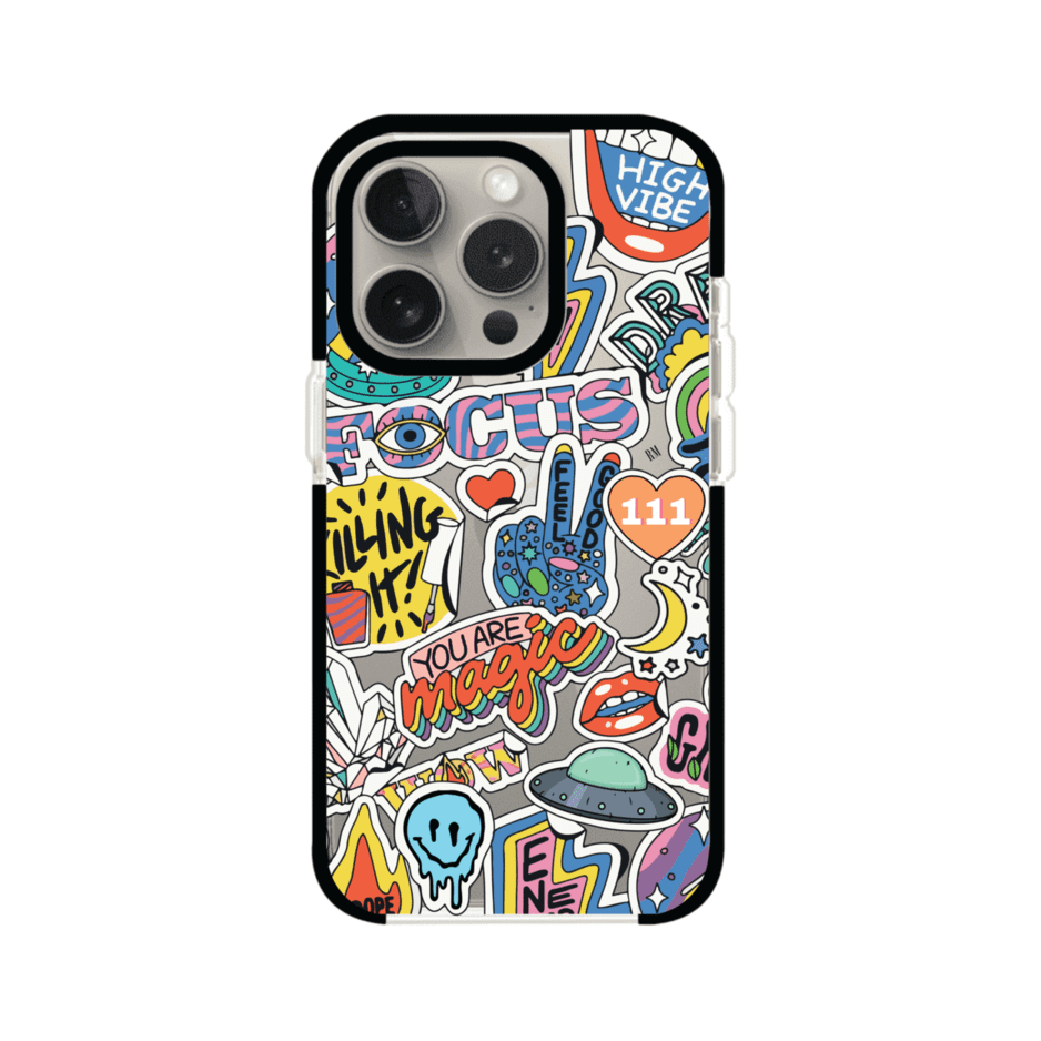 Funda para iPhone con diseño de stickers coloridos con frases motivacionales y energías positivas – Remark Mx