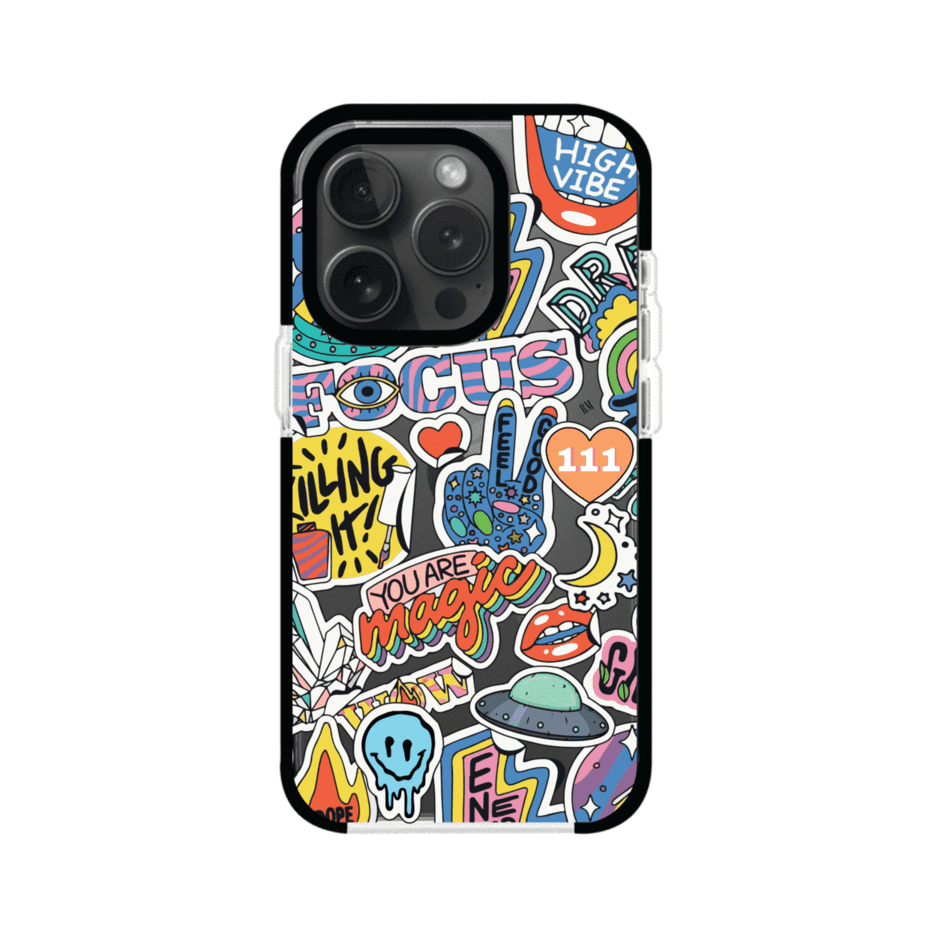 Funda para iPhone con diseño de stickers coloridos con frases motivacionales y energías positivas – Remark Mx