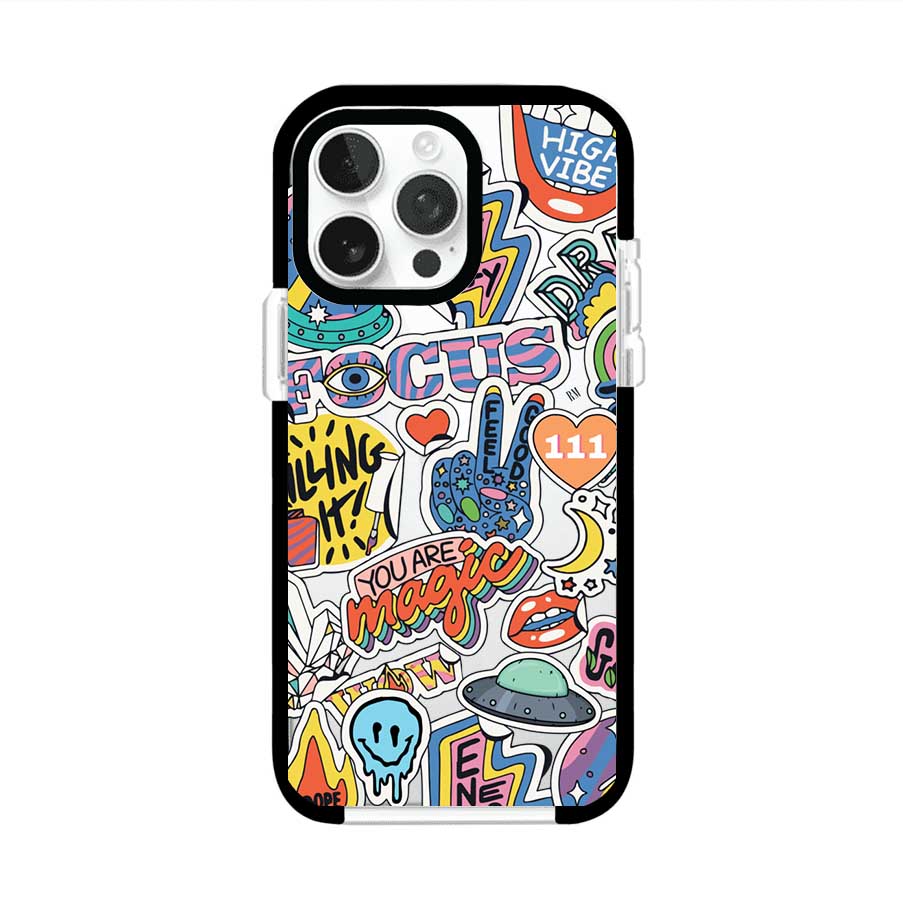 Funda para iPhone con diseño de stickers coloridos con frases motivacionales y energías positivas – Remark Mx