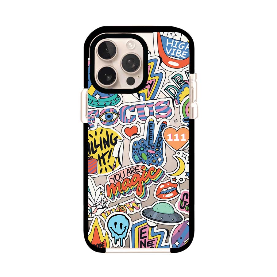 Funda para iPhone con diseño de stickers coloridos con frases motivacionales y energías positivas – Remark Mx