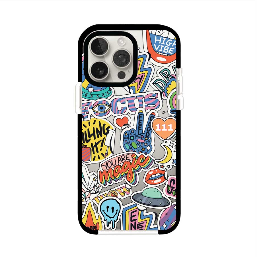 Funda para iPhone con diseño de stickers coloridos con frases motivacionales y energías positivas – Remark Mx
