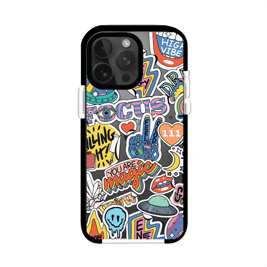 Funda para iPhone con diseño de stickers coloridos con frases motivacionales y energías positivas – Remark Mx
