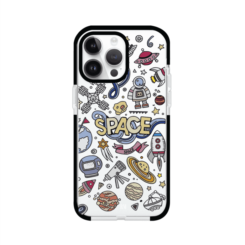 Funda para iPhone con diseño espacial, incluye ilustraciones de planetas, cohetes, astronautas y estrellas en estilo doodle divertido. Producto de Remark Mx