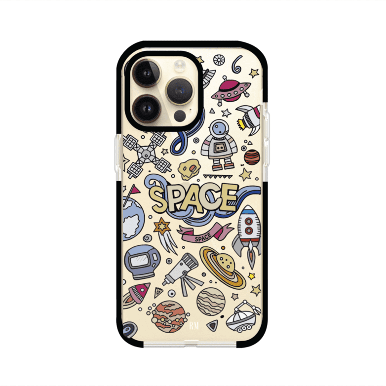 Funda para iPhone con diseño espacial, incluye ilustraciones de planetas, cohetes, astronautas y estrellas en estilo doodle divertido. Producto de Remark Mx