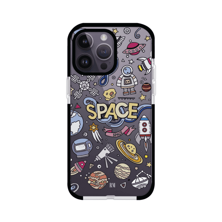 Funda para iPhone con diseño espacial, incluye ilustraciones de planetas, cohetes, astronautas y estrellas en estilo doodle divertido. Producto de Remark Mx