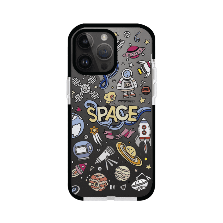 Funda para iPhone con diseño espacial, incluye ilustraciones de planetas, cohetes, astronautas y estrellas en estilo doodle divertido. Producto de Remark Mx