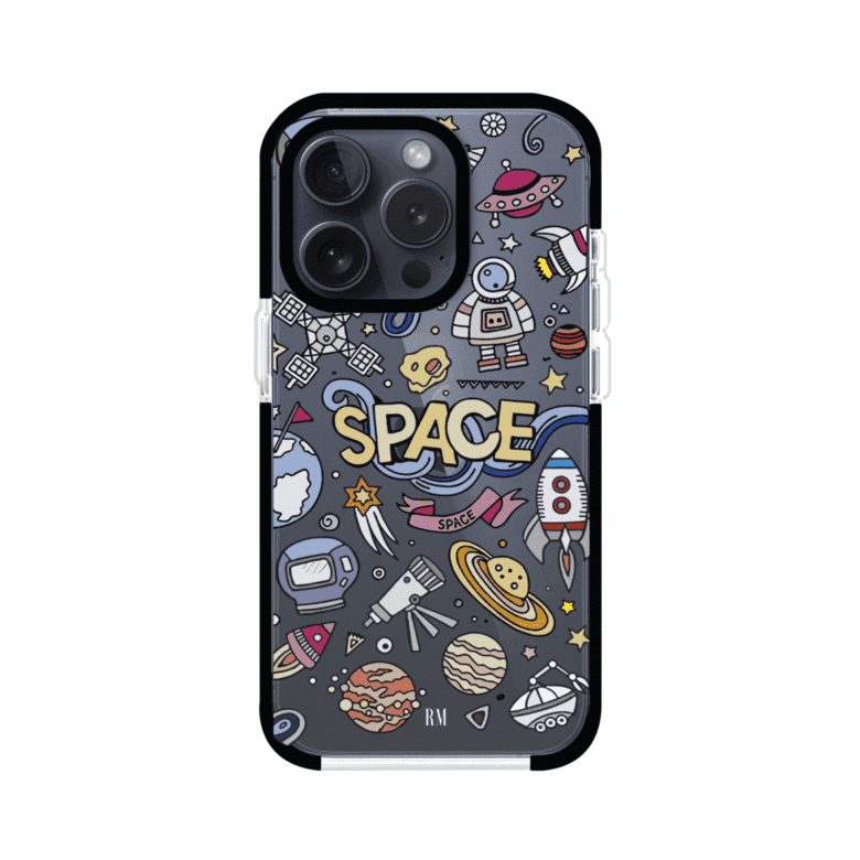Funda para iPhone con diseño espacial, incluye ilustraciones de planetas, cohetes, astronautas y estrellas en estilo doodle divertido. Producto de Remark Mx