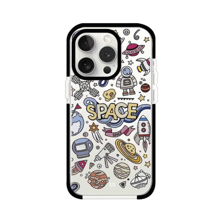 Funda para iPhone con diseño espacial, incluye ilustraciones de planetas, cohetes, astronautas y estrellas en estilo doodle divertido. Producto de Remark Mx