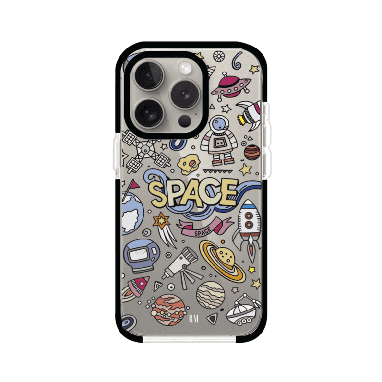 Funda para iPhone con diseño espacial, incluye ilustraciones de planetas, cohetes, astronautas y estrellas en estilo doodle divertido. Producto de Remark Mx