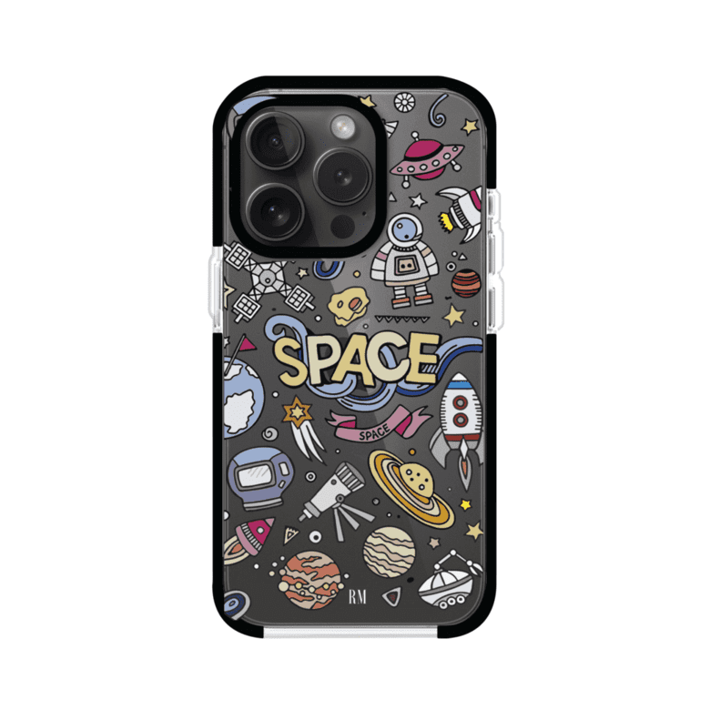Funda para iPhone con diseño espacial, incluye ilustraciones de planetas, cohetes, astronautas y estrellas en estilo doodle divertido. Producto de Remark Mx