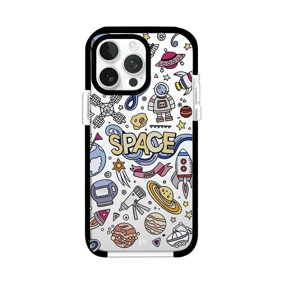 Funda para iPhone con diseño espacial, incluye ilustraciones de planetas, cohetes, astronautas y estrellas en estilo doodle divertido. Producto de Remark Mx
