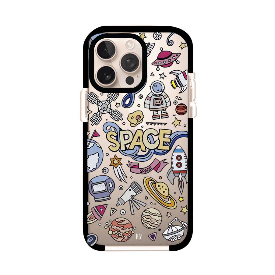 Funda para iPhone con diseño espacial, incluye ilustraciones de planetas, cohetes, astronautas y estrellas en estilo doodle divertido. Producto de Remark Mx