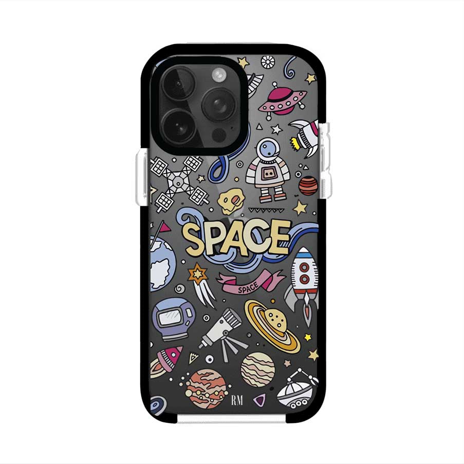 Funda para iPhone con diseño espacial, incluye ilustraciones de planetas, cohetes, astronautas y estrellas en estilo doodle divertido. Producto de Remark Mx