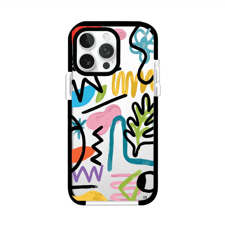 Funda con diseño de garabatos abstractos en colores vivos para iPhone. Estilo moderno y artístico. Producto de Remark Mx