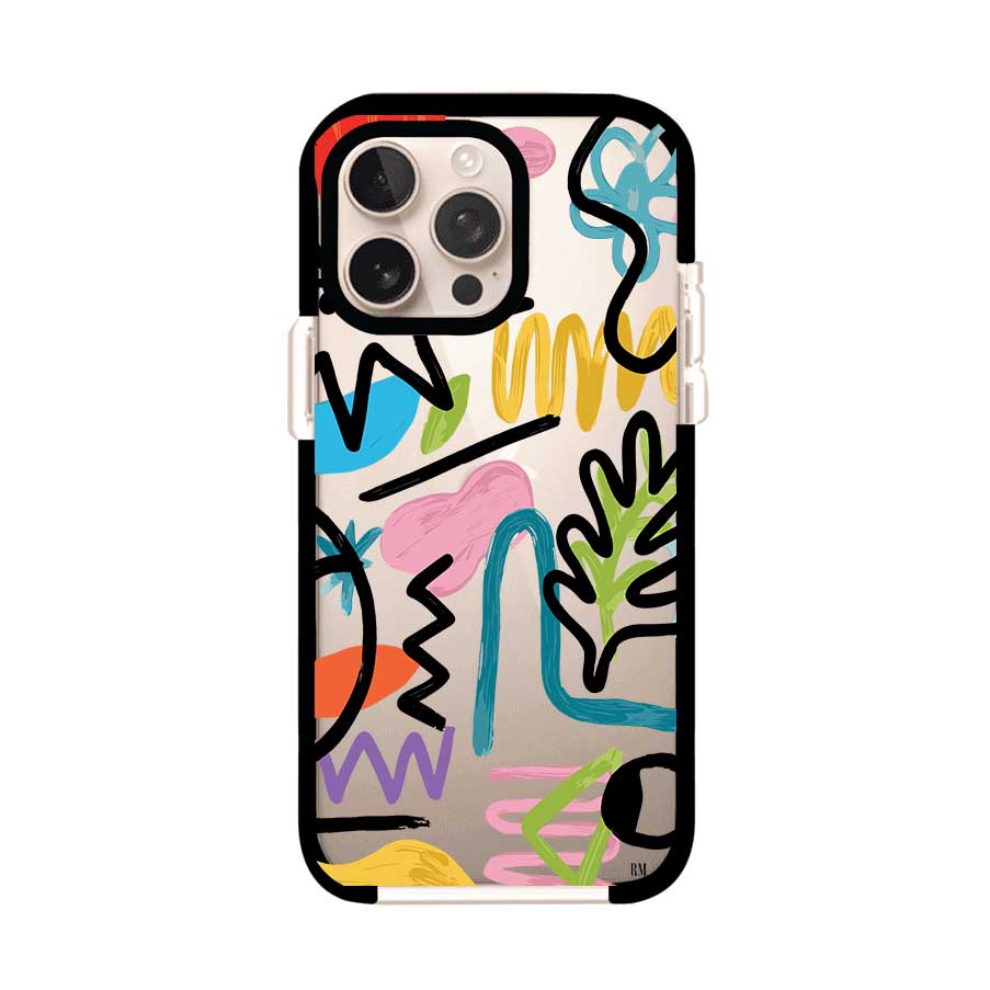 Funda con diseño de garabatos abstractos en colores vivos para iPhone. Estilo moderno y artístico. Producto de Remark Mx
