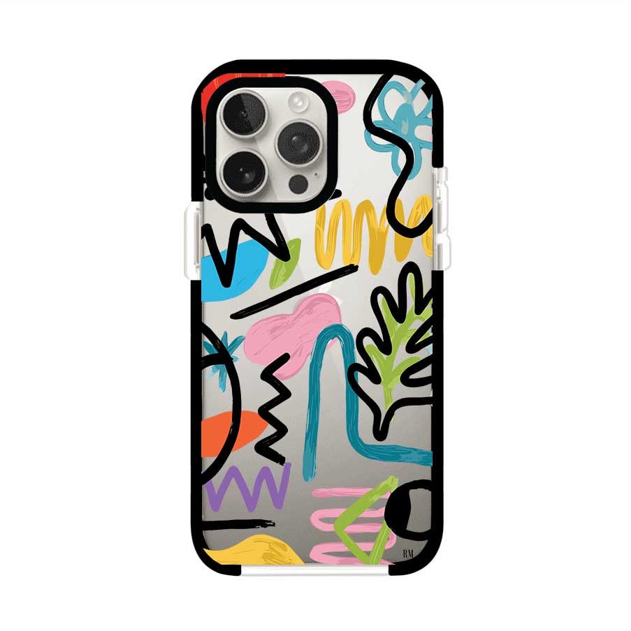Funda con diseño de garabatos abstractos en colores vivos para iPhone. Estilo moderno y artístico. Producto de Remark Mx