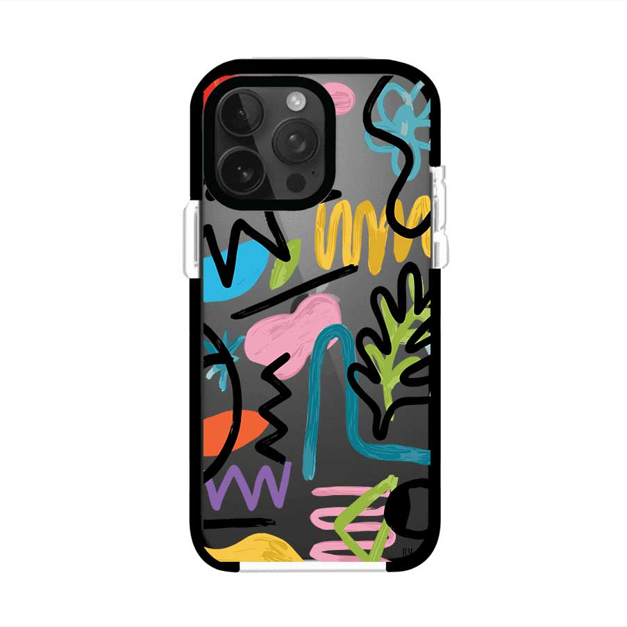 Funda con diseño de garabatos abstractos en colores vivos para iPhone. Estilo moderno y artístico. Producto de Remark Mx