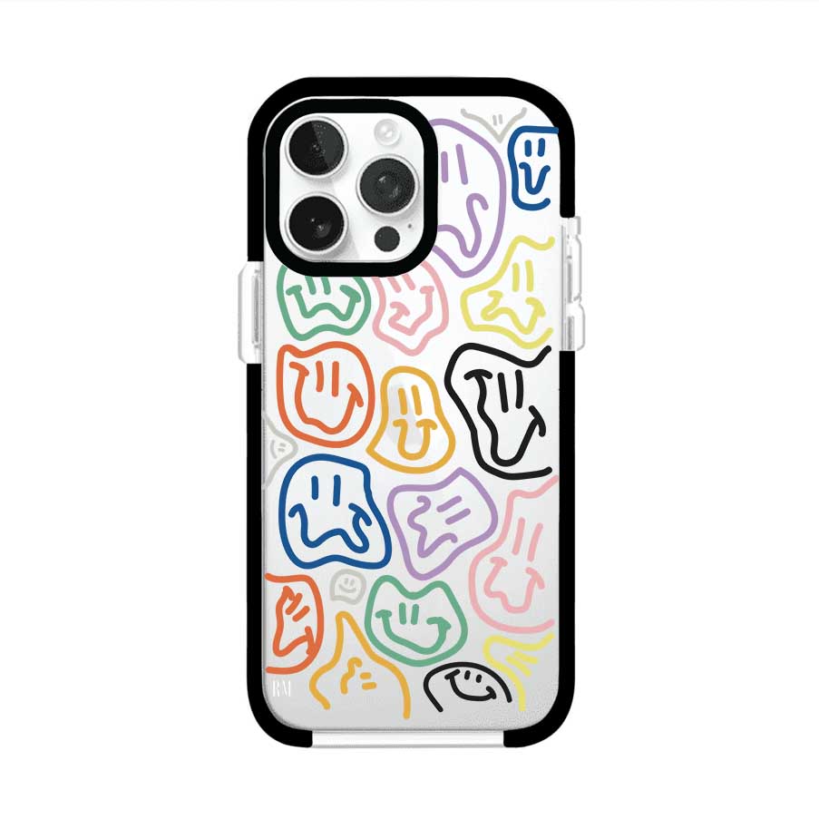 Funda para iPhone con diseño de caritas distorsionadas en colores neón sobre fondo negro. Estilo artístico, divertido y psicodélico. Diseño original de Remark MX