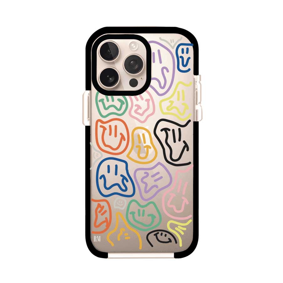 Funda para iPhone con diseño de caritas distorsionadas en colores neón sobre fondo negro. Estilo artístico, divertido y psicodélico. Diseño original de Remark MX