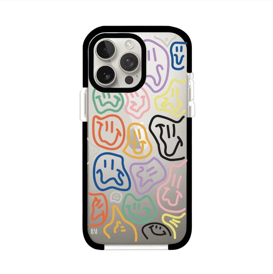 Funda para iPhone con diseño de caritas distorsionadas en colores neón sobre fondo negro. Estilo artístico, divertido y psicodélico. Diseño original de Remark MX
