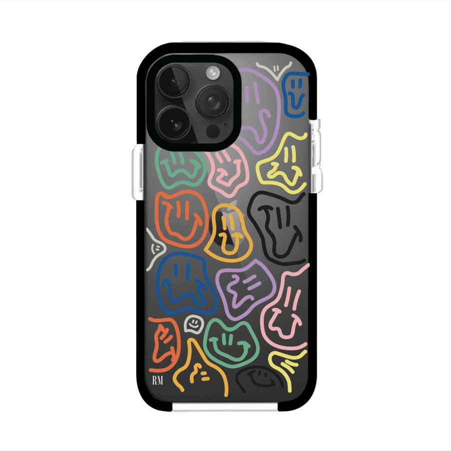 Funda para iPhone con diseño de caritas distorsionadas en colores neón sobre fondo negro. Estilo artístico, divertido y psicodélico. Diseño original de Remark MX
