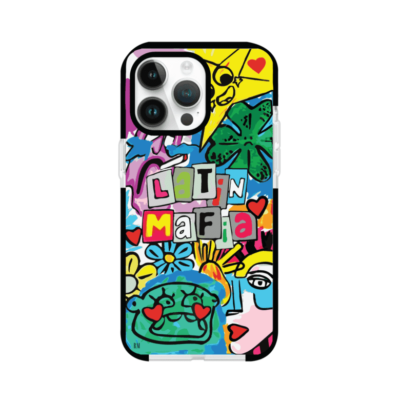 Funda para iPhone con diseño colorido de Latin Mafia, estilo arte pop. Incluye ilustraciones vibrantes, corazones, sol sonriente y tipografía tipo collage. Ideal para fans del grupo y la música urbana. Producto de Remark Mx