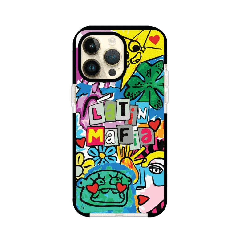 Funda para iPhone con diseño colorido de Latin Mafia, estilo arte pop. Incluye ilustraciones vibrantes, corazones, sol sonriente y tipografía tipo collage. Ideal para fans del grupo y la música urbana. Producto de Remark Mx