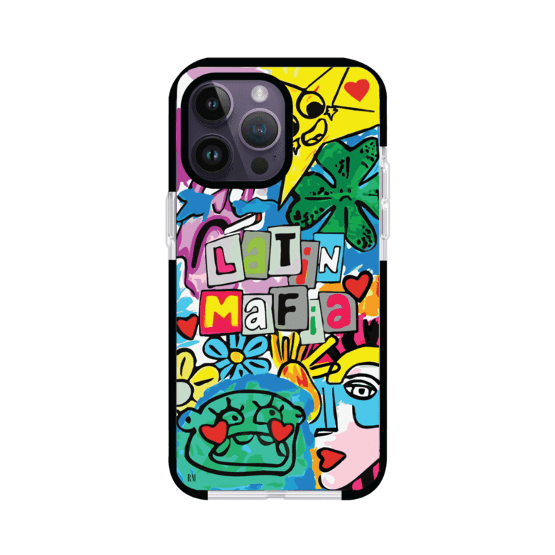 Funda para iPhone con diseño colorido de Latin Mafia, estilo arte pop. Incluye ilustraciones vibrantes, corazones, sol sonriente y tipografía tipo collage. Ideal para fans del grupo y la música urbana. Producto de Remark Mx