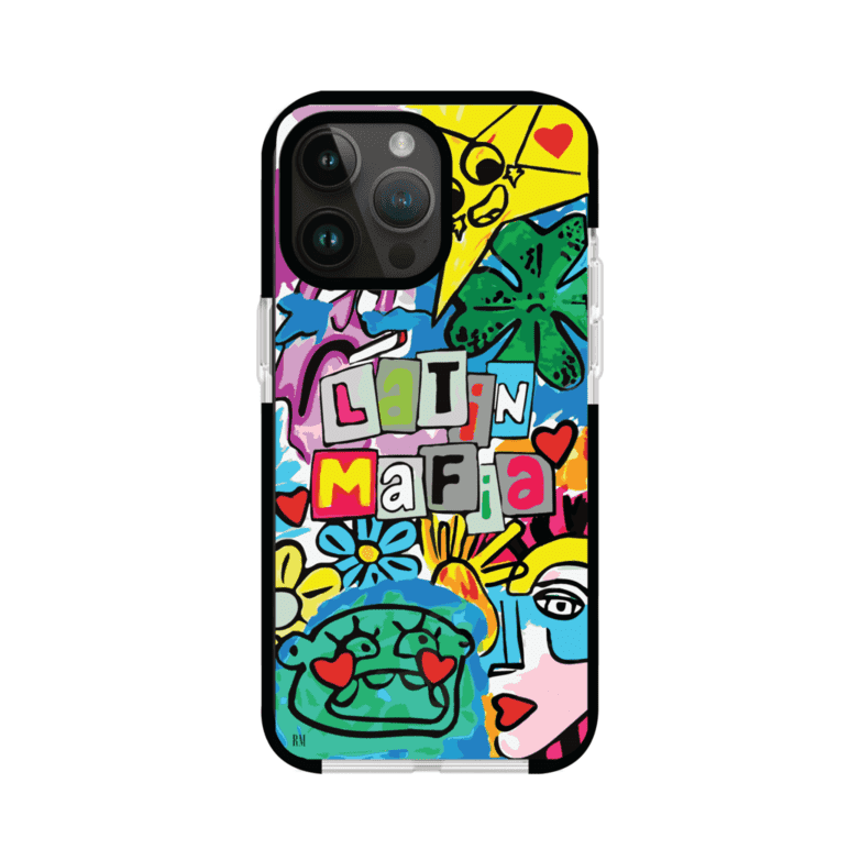 Funda para iPhone con diseño colorido de Latin Mafia, estilo arte pop. Incluye ilustraciones vibrantes, corazones, sol sonriente y tipografía tipo collage. Ideal para fans del grupo y la música urbana. Producto de Remark Mx